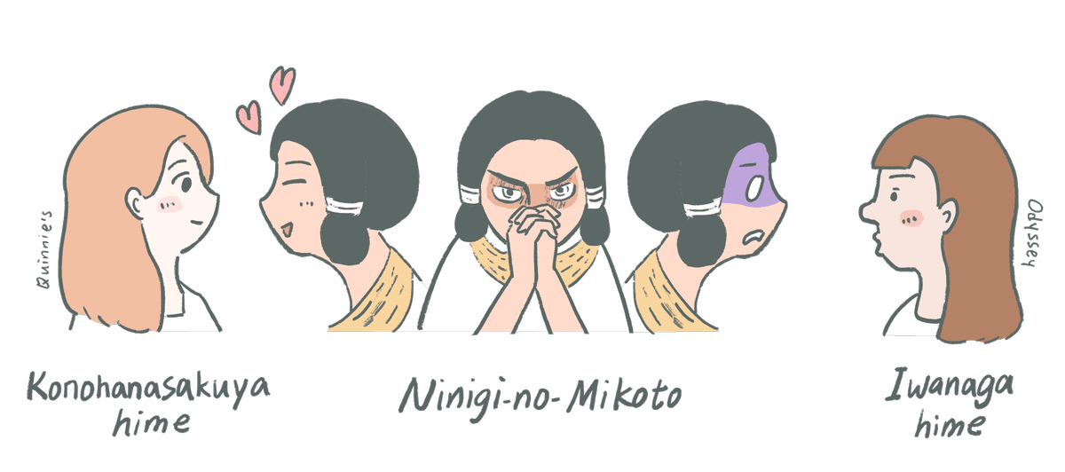 Ninigi-no-Mikoto, Konohanasakuya-hime, Iwanaga-hime-no-mikoto illustration