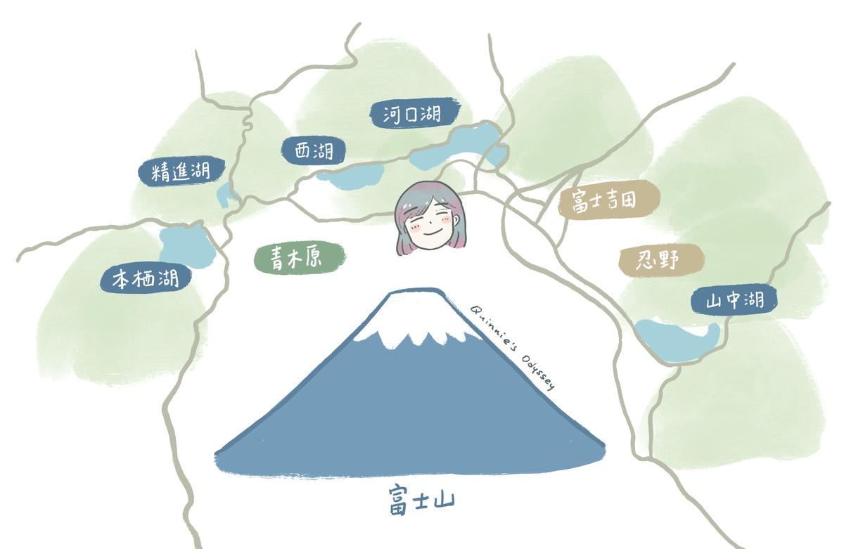 富士山必去周邊景點:I人的旅遊心得分享 - 第2張圖 富士五湖 地圖 插畫