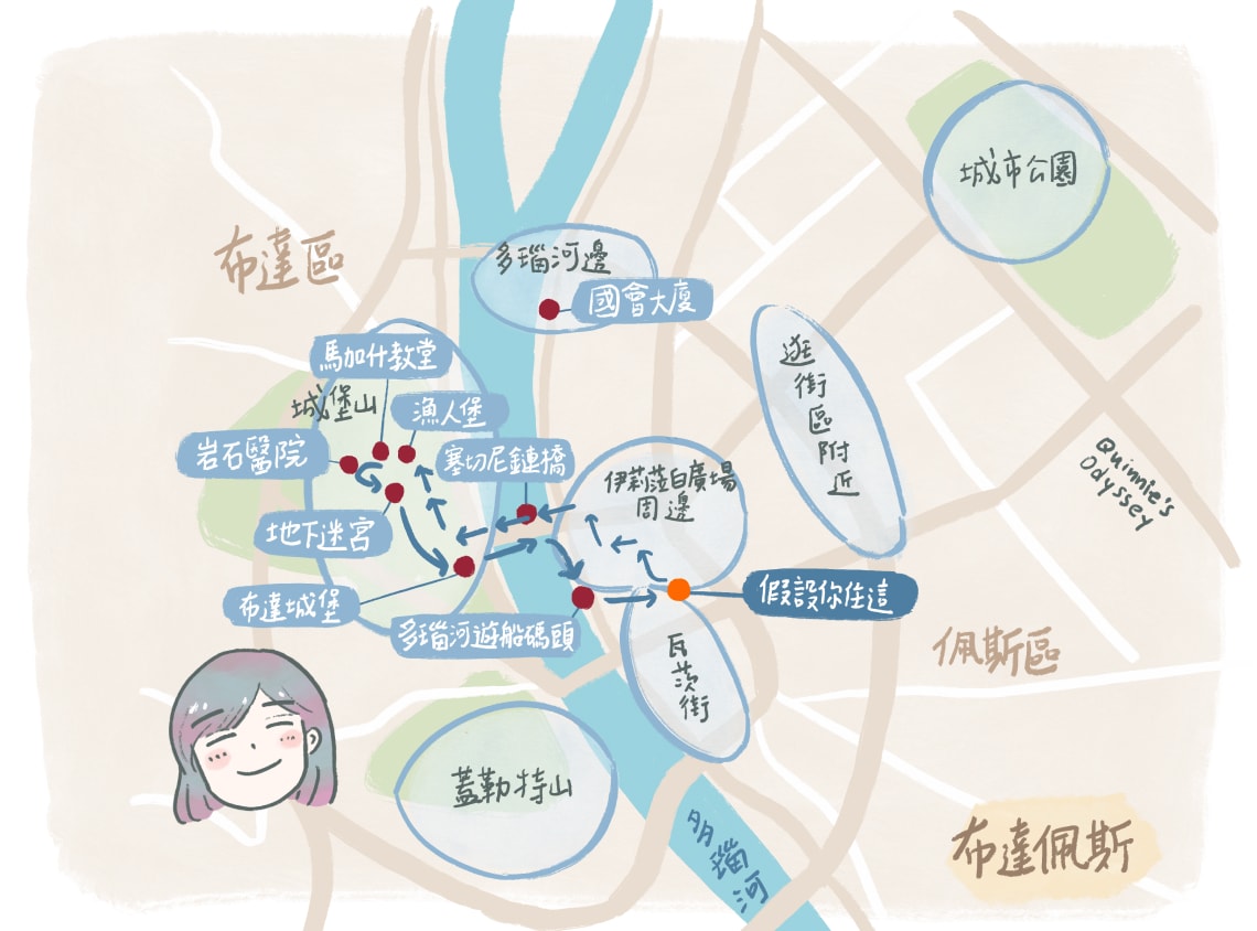 布達佩斯三天兩夜:行程規劃、必遊景點、交通住宿攻略 - 第11張圖 布達佩斯景點地圖 插畫