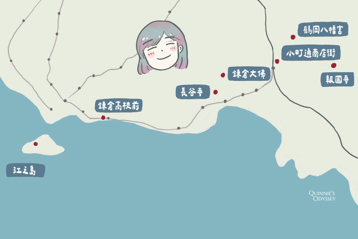 鎌倉一日遊景點推薦:從東京出發輕鬆玩古都 - 第2張圖 鎌倉 手繪地圖