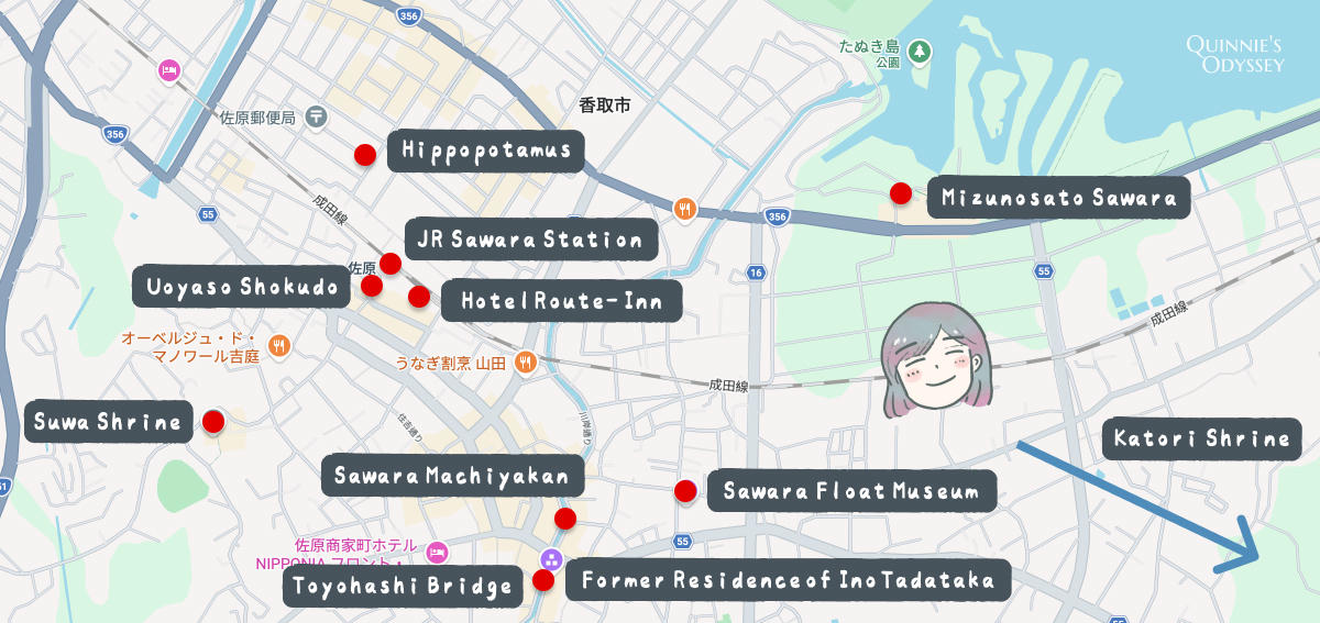 Hotel Route-Inn Katori Sawara Ekimae Review: 1-Min Walk from Station + Great Value Stay - 第18張圖 Sawara Attractions Map
